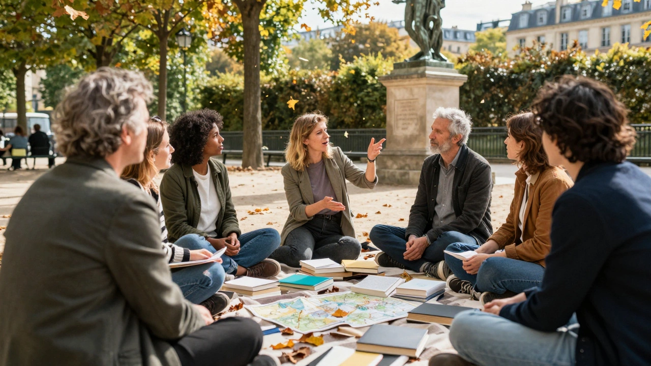 A knowledgeable woman teaches a small group about art in a sunlit Parisian park, books and autumn leaves around them.