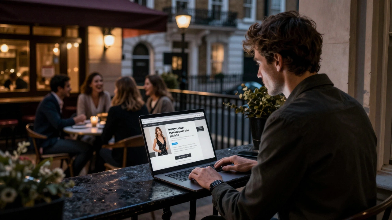 A man alone on a London balcony, staring at a fake escort website on his laptop while real social life unfolds below.