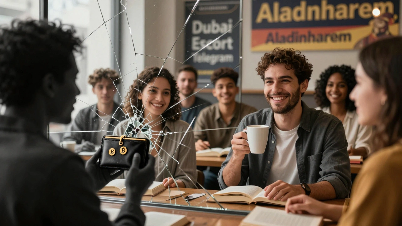 A split reflection: one side digital deception, the other genuine human connection at a community event.
