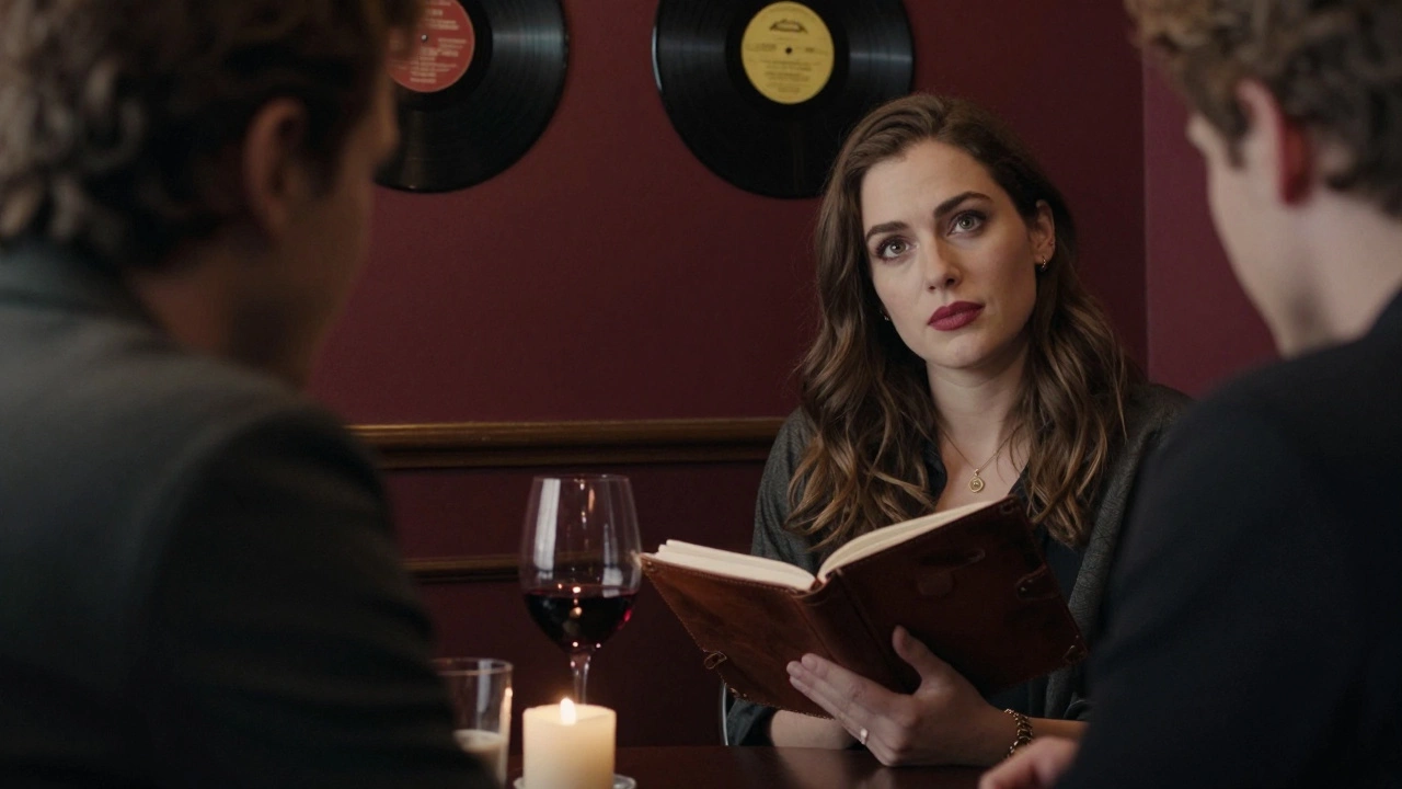 A woman and client share a quiet moment in a dim jazz bar in Saint-Germain-des-Prés, wine glass between them.